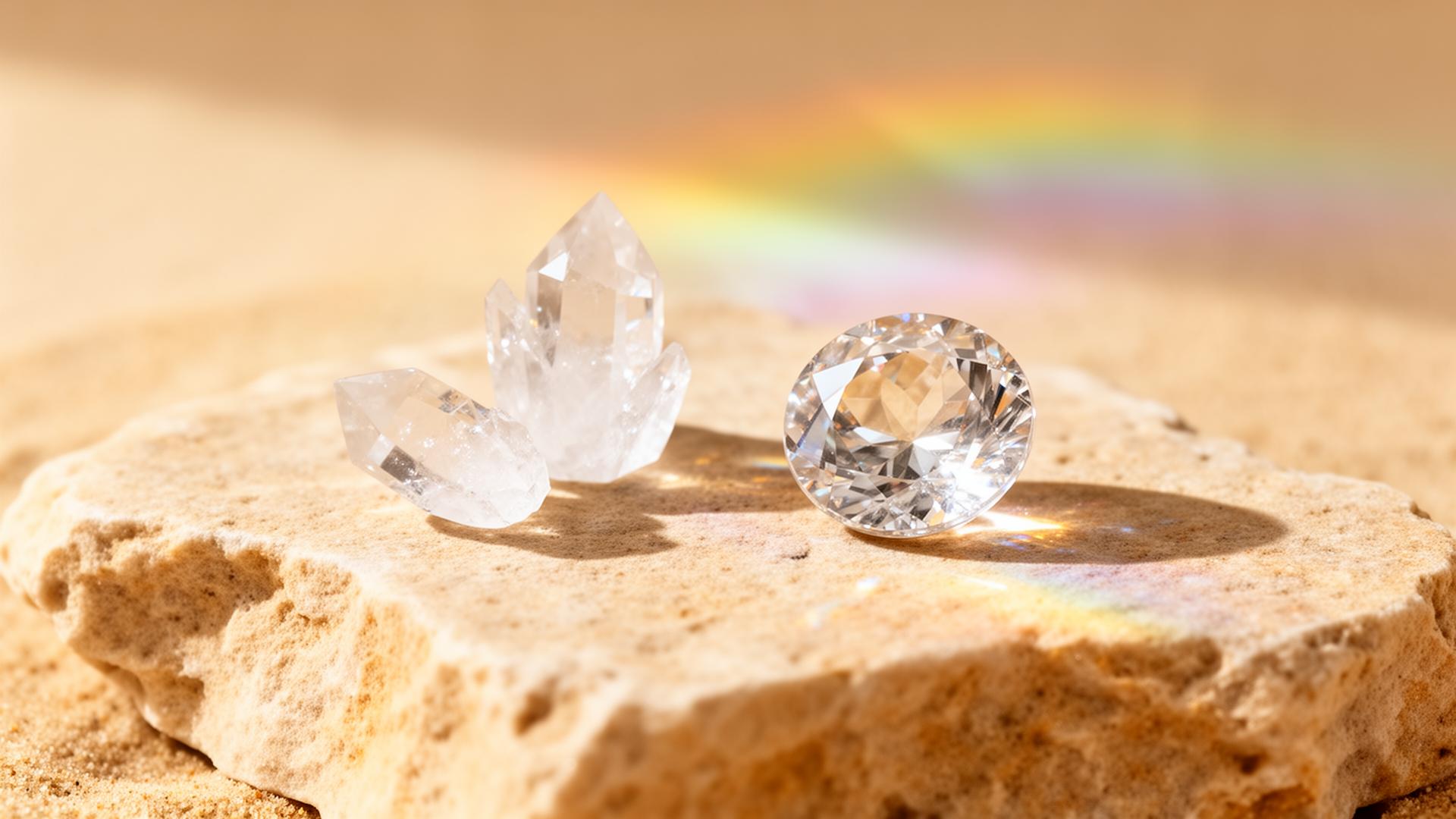 Raw quartz crystals and a faceted gem on warm sandstone with refracted rainbow light