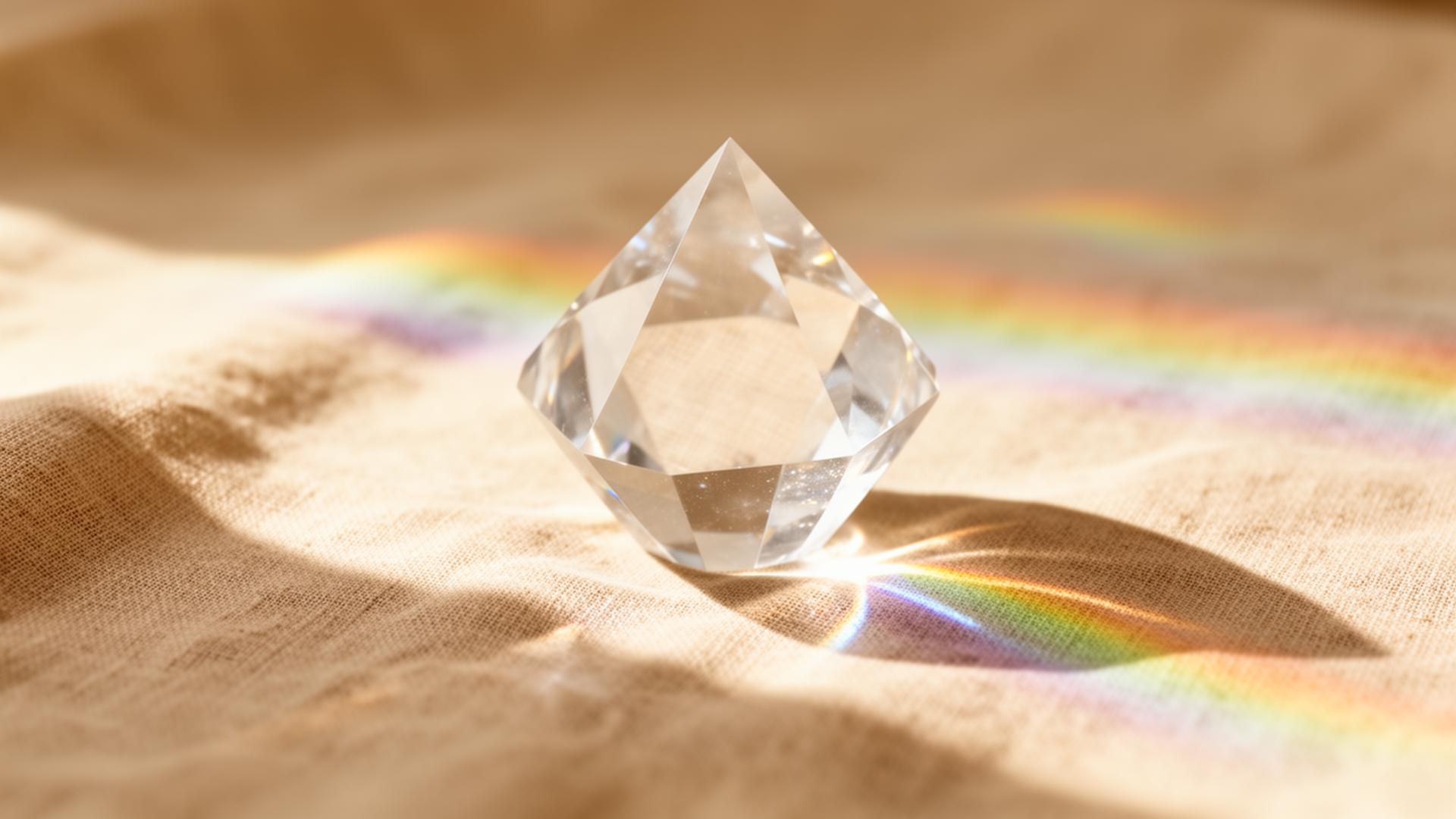 A clear crystal prism on warm linen, refracting a soft rainbow across the surface
