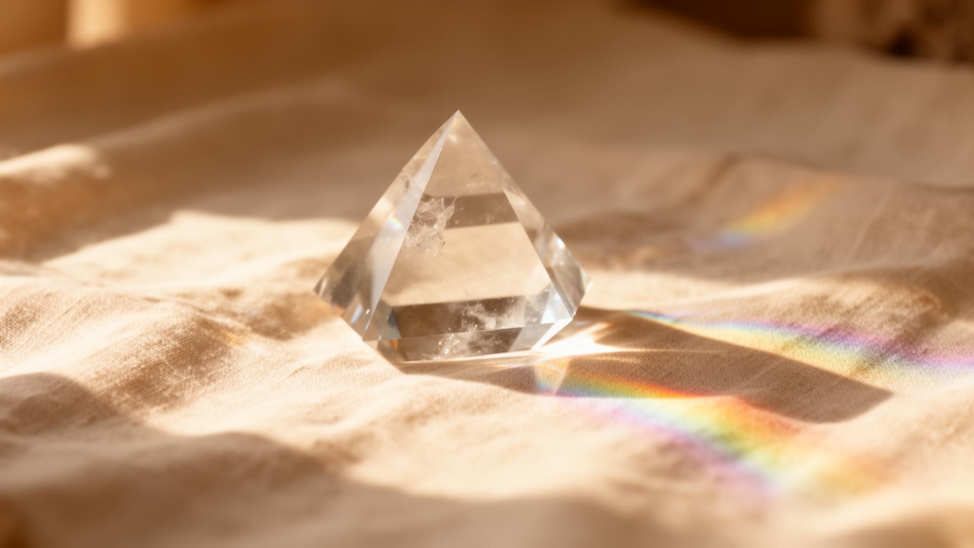 A clear crystal prism on warm linen catching golden light and casting a soft rainbow
